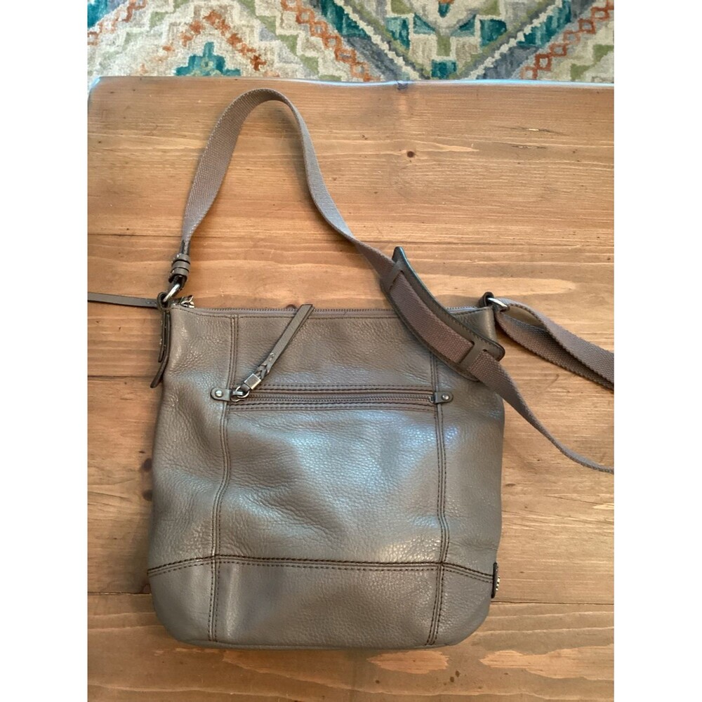 THE SAK SLATE GRAY PEBBLED LEATHER CROSSBODY BAG ADJUSTABLE CANVAS STRAP